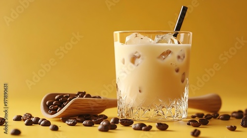 Glass of White Russian cocktail and wooden scoop with coffee beans on yellow background : Generative AI photo