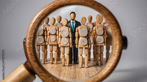 Magnifying Glass Focus on Target Icon with Human-Shaped Wooden Figures Representing Customer Focus Groups, Customer Service, Data Exchange Development, and Comprehensive Customer Relationship Manageme photo