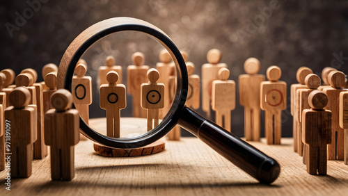 Magnifying Glass Focus on Target Icon with Human-Shaped Wooden Figures Representing Customer Focus Groups, Customer Service, Data Exchange Development, and Comprehensive Customer Relationship Manageme photo