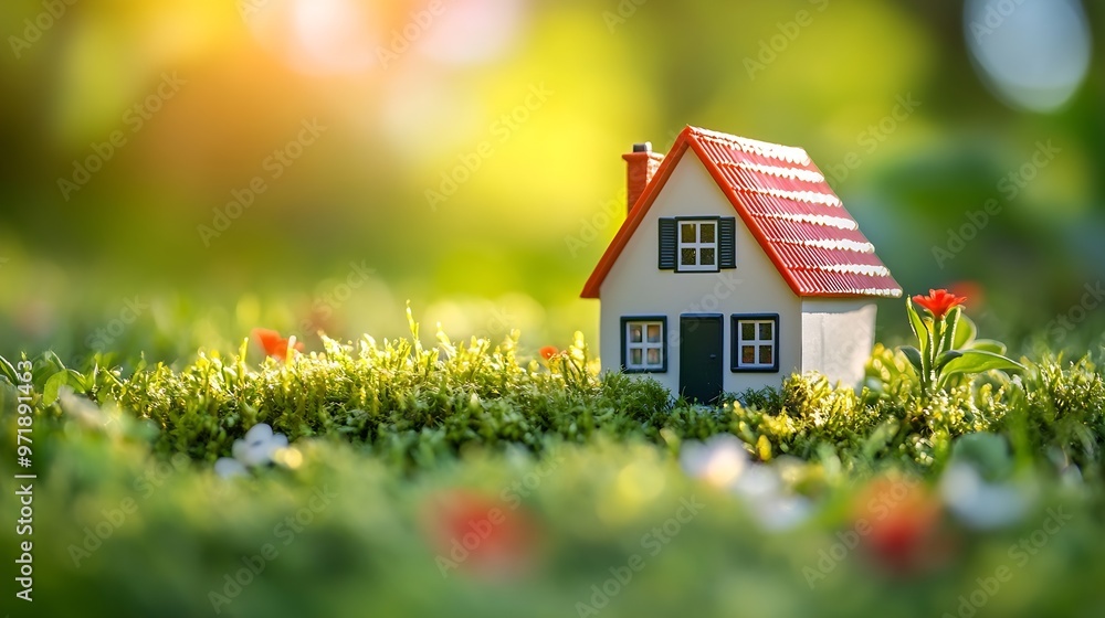 miniature toy house in grass close up spring natural background ymbol of family mortgage construction rental property concept Eco Friendly home spring season template for design copy s : Generative AI miniature toy house in grass close up spring natural background ymbol of family mortgage construction rental property concept Eco Friendly home spring season template for design copy s : Generative AI