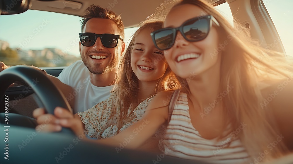Portrait of a happy caucasian family driving a new car or having a test drive in the city Parents and daughters spending vacation traveling by automobile and enjoying road trip Copy sp : Generative AI Portrait of a happy caucasian family driving a new car or having a test drive in the city Parents and daughters spending vacation traveling by automobile and enjoying road trip Copy sp : Generative AI