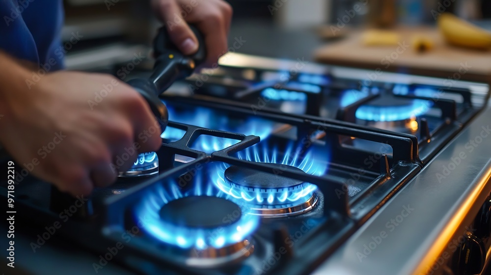 A service technician installs a gas stove in the kitchen using an electronic laser : Generative AI A service technician installs a gas stove in the kitchen using an electronic laser : Generative AI