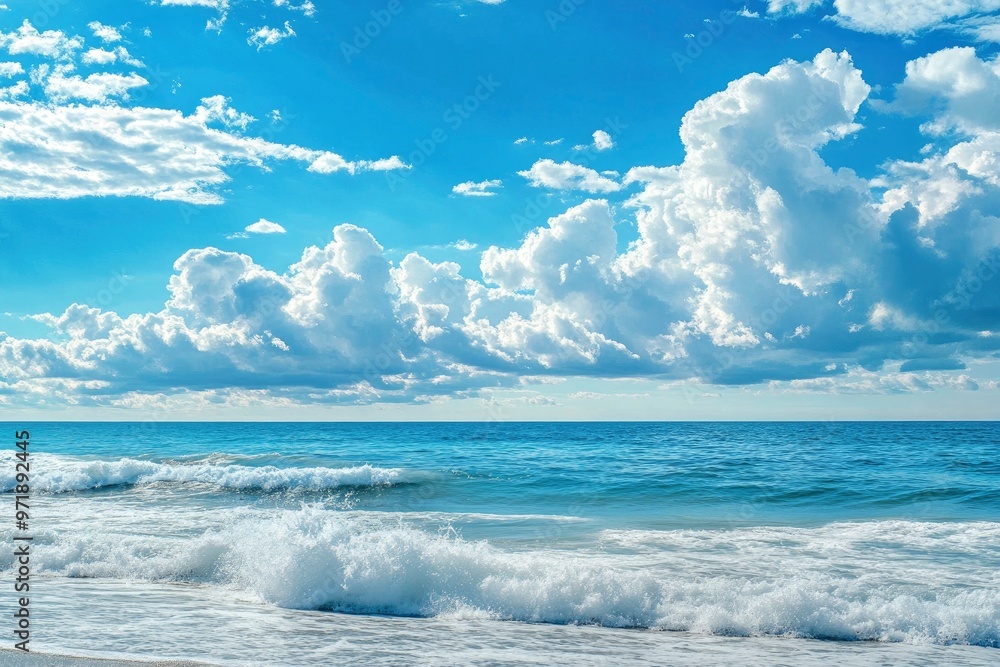 Fototapeta premium Beautiful nature view bright blue sky with white clouds background and soft oceans waves with a deep blue color on the sea , ai
