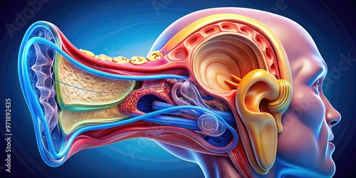 Illuminated illustration of the human external ear anatomy, showcasing the pinna, auditory canal, eardrum, and surrounding tissues in intricate detail and vibrant colors. photo