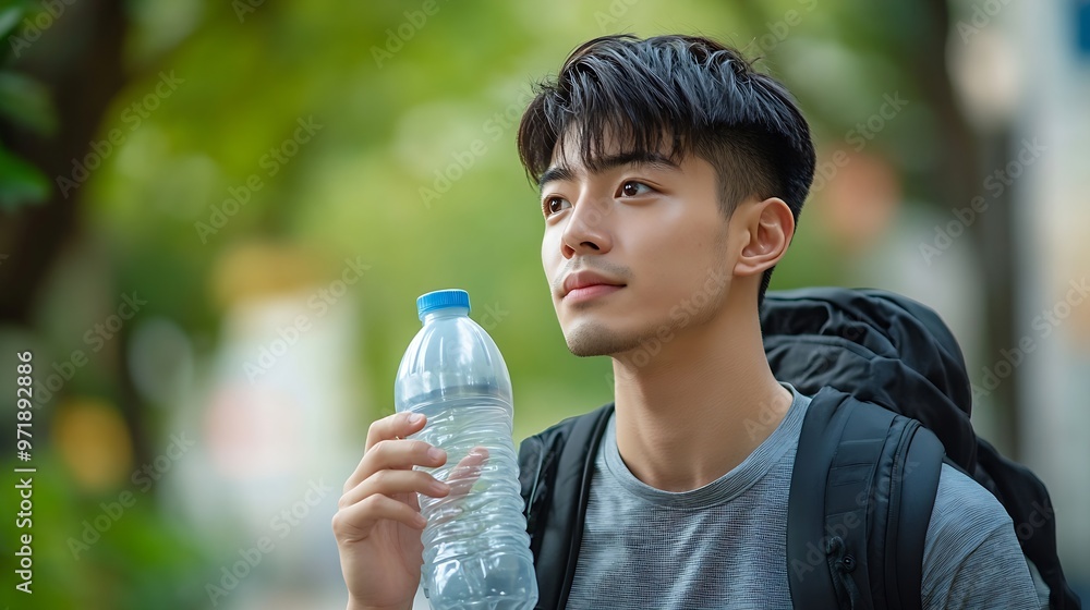 Young Asian man in sportswear hydrating with plastic bottle outdoors : Generative AI Young Asian man in sportswear hydrating with plastic bottle outdoors : Generative AI