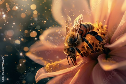 A close-up of a bee pollinating a flower, its body covered in pollen as it transfers it from one flower to another