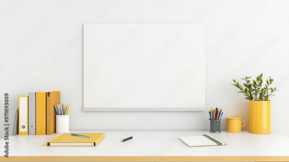 Minimalist Workspace with Blank Canvas Mockup and Office Supplies Minimalist Workspace with Blank Canvas Mockup and Office Supplies