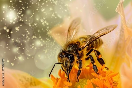 A close-up of a bee pollinating a flower, its body covered in pollen as it transfers it from one flower to another