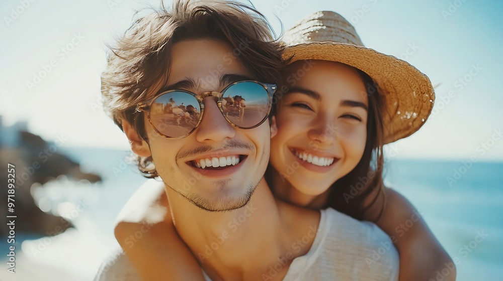 Portrait piggy back and seaside with couple love and sunshine with happiness adventure and romance Face beach and man carrying woman with vacation getaway trip or summer with honeymoon : Generative AI Portrait piggy back and seaside with couple love and sunshine with happiness adventure and romance Face beach and man carrying woman with vacation getaway trip or summer with honeymoon : Generative AI