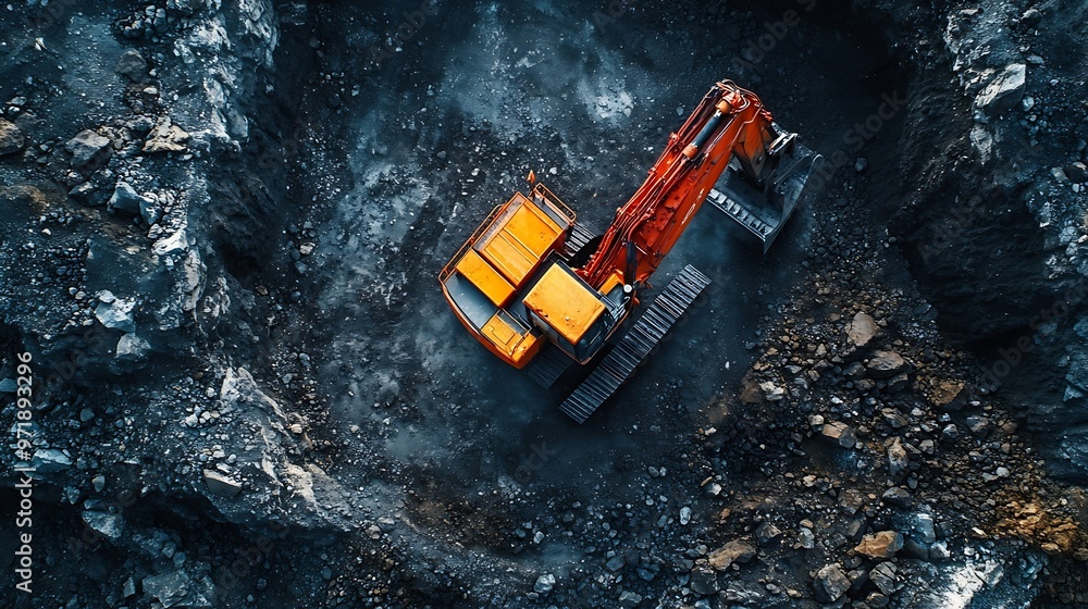 Excavator at work on a dark background Top view from a drone : Generative AI Excavator at work on a dark background Top view from a drone : Generative AI