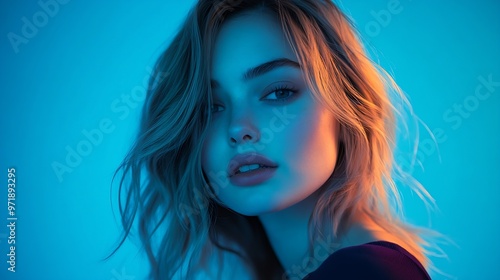 Wallpaper Mural Young female with fair hair looking at camera against blue backdrop in studio with neon illumination : Generative AI Torontodigital.ca