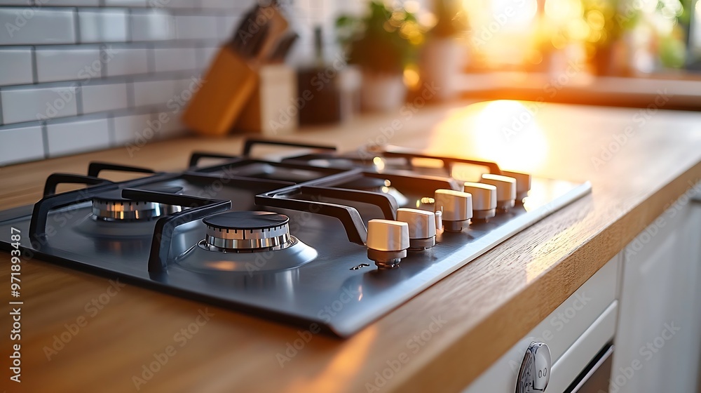 white gas stove built in wooden countertop at contemporary kitchen knob switch at control panel for regulation temperature for cooking : Generative AI white gas stove built in wooden countertop at contemporary kitchen knob switch at control panel for regulation temperature for cooking : Generative AI