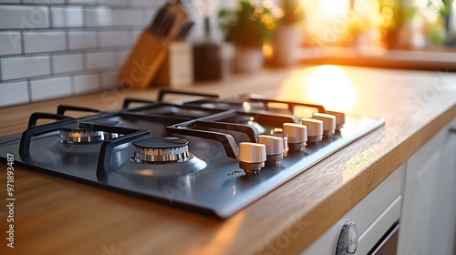 white gas stove built in wooden countertop at contemporary kitchen knob switch at control panel for regulation temperature for cooking : Generative AI