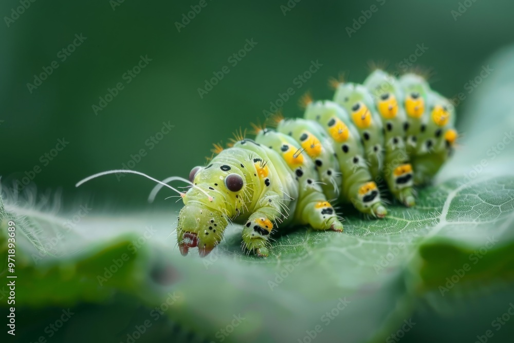 A close-up of a caterpillar crawling along a leaf, its tiny legs propelling it forward as it searches for food A close-up of a caterpillar crawling along a leaf, its tiny legs propelling it forward as it searches for food