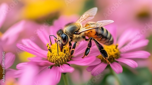 Bee in a flower garden A worker bee pollinating flowers : Generative AI