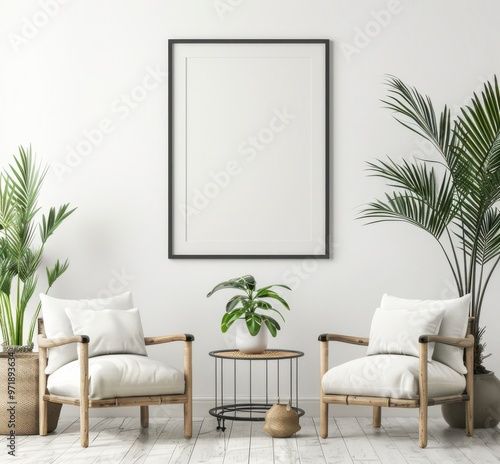 Minimalist living room interior with two rattan armchairs, green plants and a blank poster frame on the wall. 3D illustration.