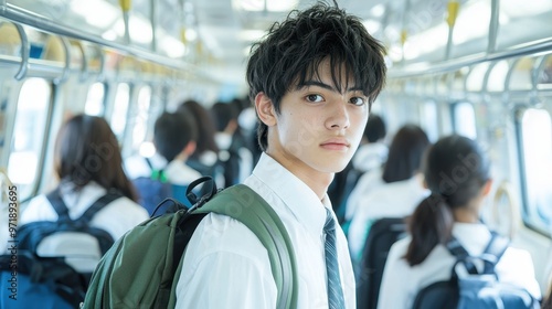 Young Man Commuting on Train in Japan