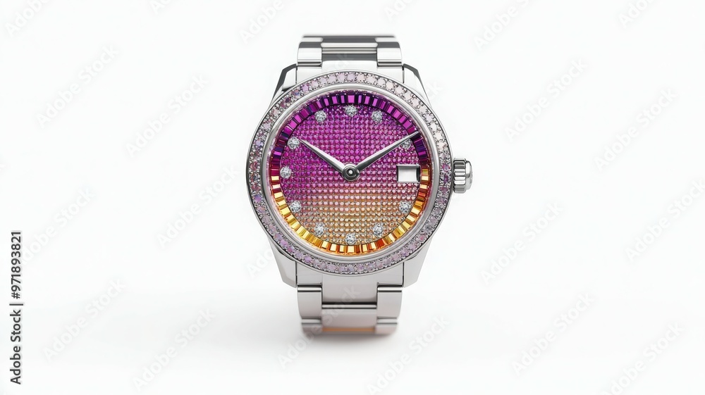 Luxury silver watch with vibrant purple and orange gradient dial, featuring sparkling crystals and modern design. Perfect for elegance. Luxury silver watch with vibrant purple and orange gradient dial, featuring sparkling crystals and modern design. Perfect for elegance.