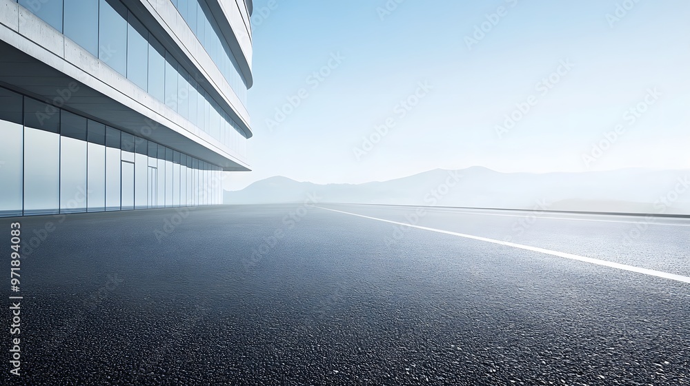 Fototapeta premium Modern Glass Building with Empty Asphalt Road and Misty Mountains in Background