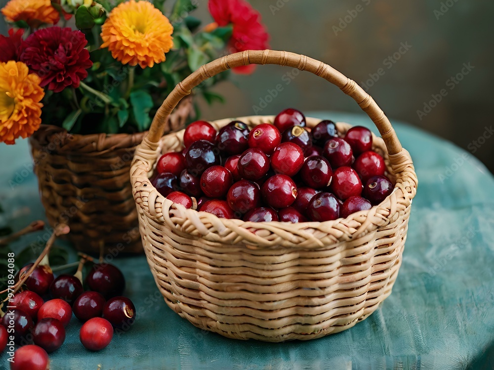 Cranberries in a Handwoven Basket: A close-up of a handwoven basket filled with cranberries, on a vibrant, cheerful table with floral decorations. Cranberries in a Handwoven Basket: A close-up of a handwoven basket filled with cranberries, on a vibrant, cheerful table with floral decorations.