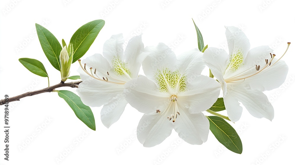 Fototapeta premium Azaleas flowers with leaves White flowers isolated on white background with clipping path : Generative AI