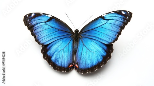 Bright blue butterfly resting quietly on a pristine white background.