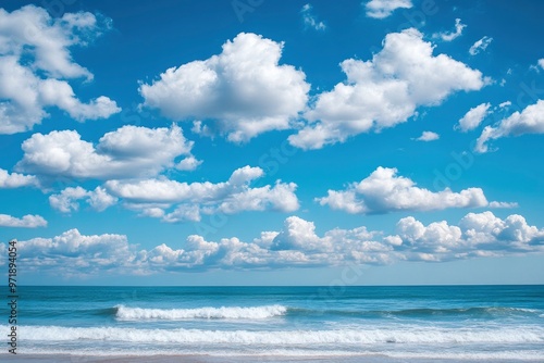 Beautiful nature view bright blue sky with white clouds background and soft oceans waves with a deep blue color on the sea , ai