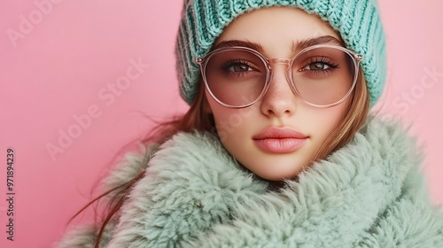 Portrait of stylish young girl in sunglasses blue hat green scarf and fur coat posing over pink background Concept of youth beauty winter fashion lifestyle emotions facial expression A : Generative AI photo