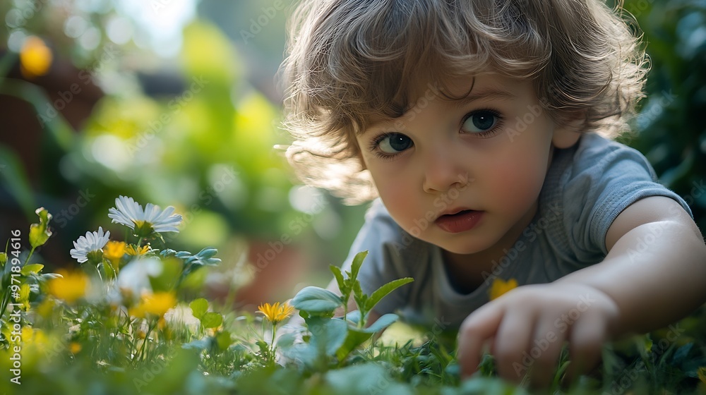 a toddler or preschooler playfully discovers nature in the garden during outdoor education : Generative AI a toddler or preschooler playfully discovers nature in the garden during outdoor education : Generative AI