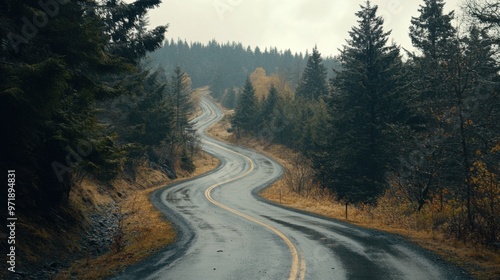 A winding road with trees in the background