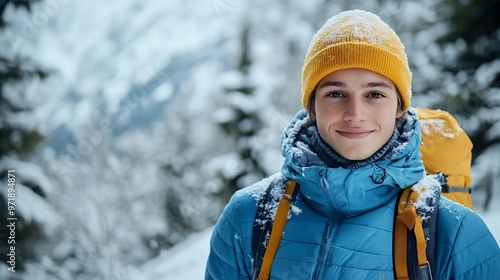 Winter hike on snow mountain young happy hiker man climbing Europe travel adventure trek in nature landscape Young cheerful person wearing yellow hat blue jacket for cold weather and b : Generative AI