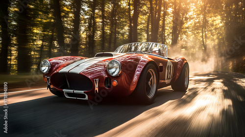 A 1960s Shelby Cobra race car speeding through a forested track with sunlight filtering through the trees and reflecting off the cars polished surface.