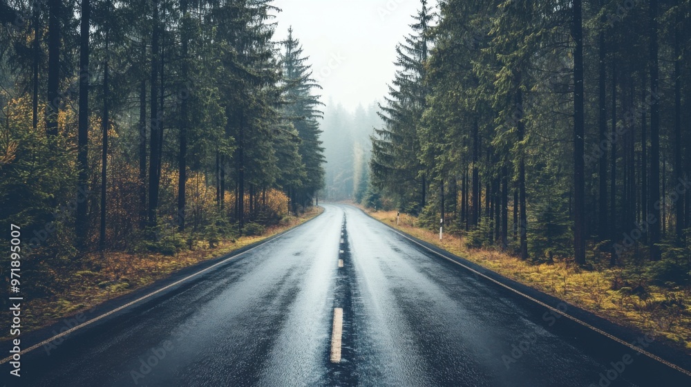 Fototapeta premium A road with trees on both sides and a wet road