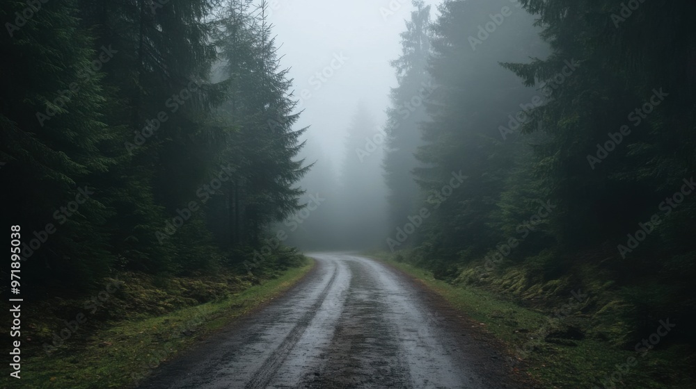 Fototapeta premium A road in the woods with foggy weather