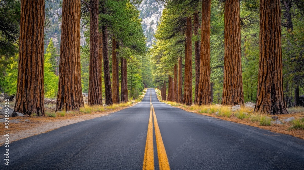 Fototapeta premium A road with a yellow line down the middle and trees on both sides