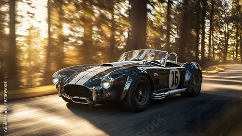 A 1960s Shelby Cobra race car speeding through a forested track with sunlight filtering through the trees and reflecting off the cars polished surface.