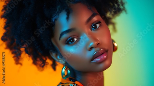 Wallpaper Mural Beautiful african american woman with afro pigtails hairstyle and stylish clothes  Portrait of young black girl in studio creative colorful lighting technique on colored background in  : Generative AI Torontodigital.ca