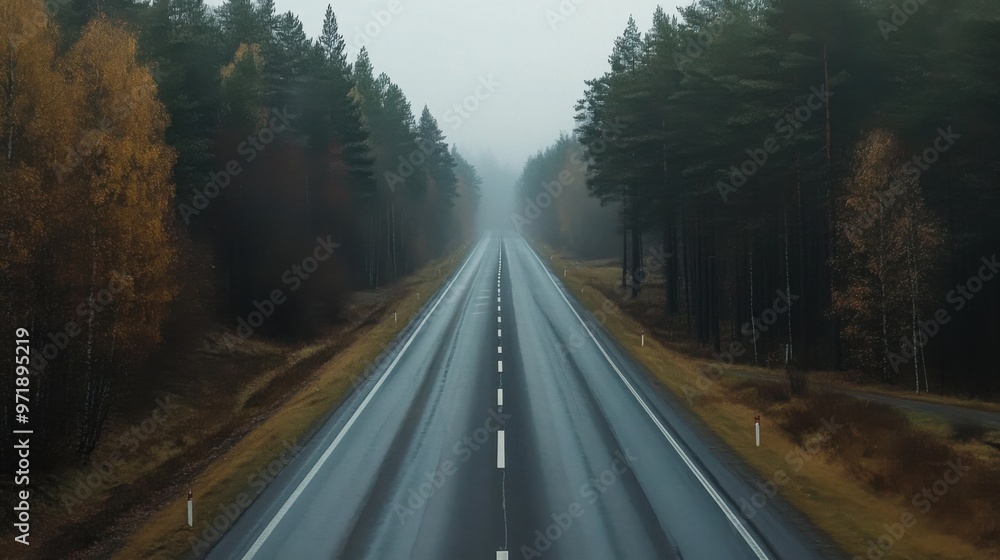 A road with trees on both sides and a foggy sky A road with trees on both sides and a foggy sky