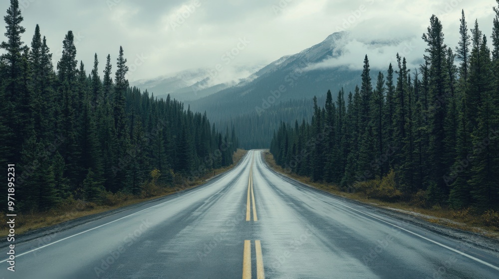 Fototapeta premium A road with trees on both sides and a mountain in the background