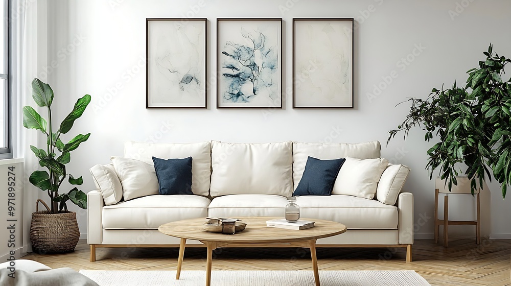 Interior of living room with comfortable sofa coffee table and pictures on white wall : Generative AI Interior of living room with comfortable sofa coffee table and pictures on white wall : Generative AI