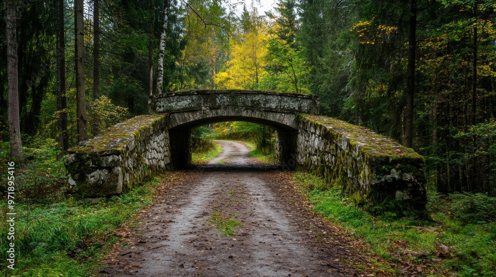 A bridge over a road with trees in the background