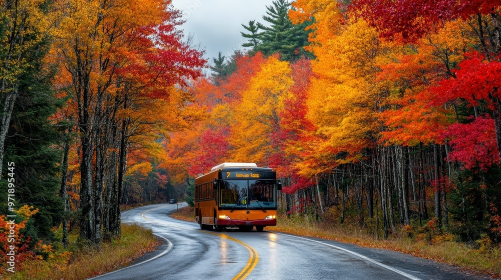 A bus travels along a winding road surrounded by vibrant autumn foliage. A bus travels along a winding road surrounded by vibrant autumn foliage.