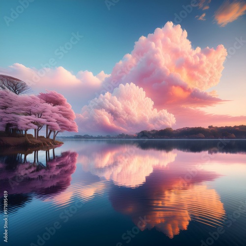 잔잔한 호수 너머의 일몰과 부드러운 파스텔 색상, 솜사탕 구름, 물에 반사된 거울, Sunset over a calm lake, soft pastel colors, cotton candy clouds and mirror reflections in the water.