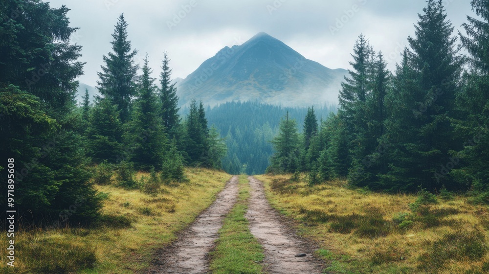 Obraz premium A road in the woods with a mountain in the background