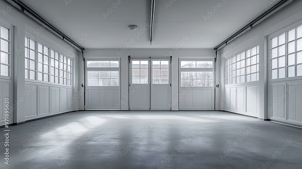 An empty white garage with windows : Generative AI An empty white garage with windows : Generative AI