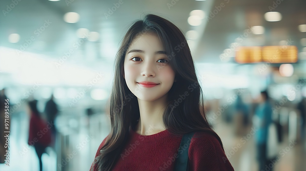 Portrait of Asian young girl walk in airport terminal to boarding gate Attractive beautiful female tourist passenger feel happy and excited to go travel abroad by airplane for holiday : Generative AI Portrait of Asian young girl walk in airport terminal to boarding gate Attractive beautiful female tourist passenger feel happy and excited to go travel abroad by airplane for holiday : Generative AI