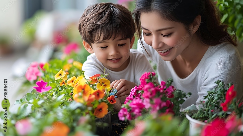 Happy mother and son planting flowers in home garden Cheerful mom and boy spending time together gardening at city balcony Mom and kid work together to plant and care for urban garden : Generative AI Happy mother and son planting flowers in home garden Cheerful mom and boy spending time together gardening at city balcony Mom and kid work together to plant and care for urban garden : Generative AI