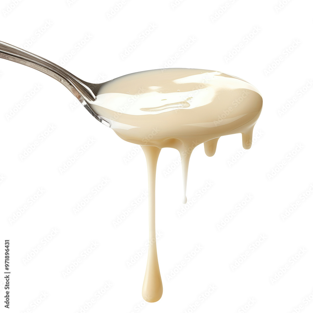Condensed milk flowing down from spoon isolated on transparent white background, clipping path Condensed milk flowing down from spoon isolated on transparent white background, clipping path