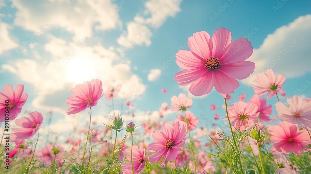 Pink cosmos flowers field on blue sky background cosmos flower in fresh morning and cloudy sky flowers imageBeautiful summer landscape : Generative AI Pink cosmos flowers field on blue sky background cosmos flower in fresh morning and cloudy sky flowers imageBeautiful summer landscape : Generative AI