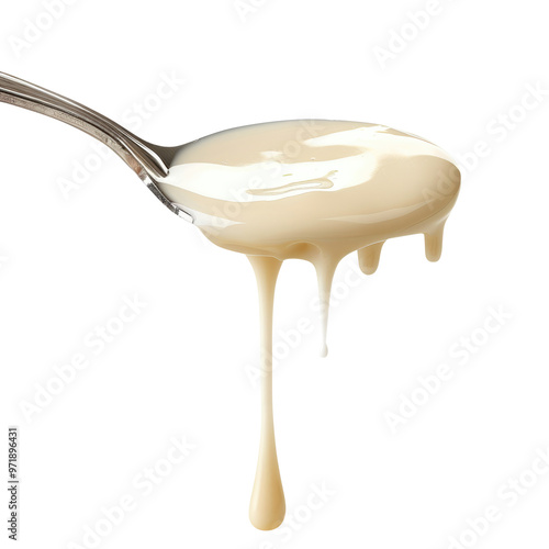 Condensed milk flowing down from spoon isolated on transparent white background, clipping path